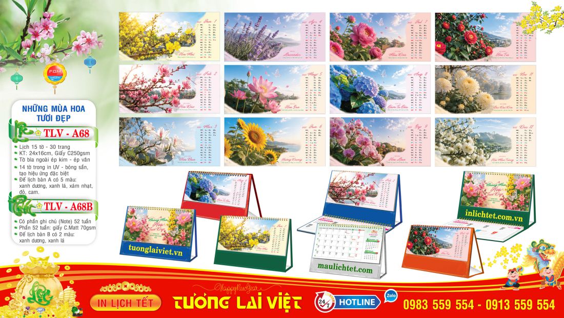 Mẫu lịch bàn 15 tờ Những Mùa Hoa